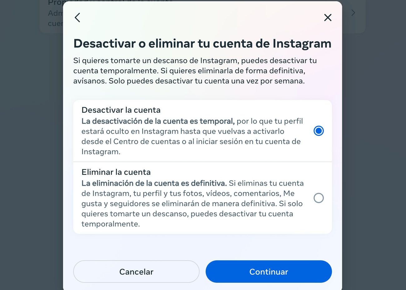 Eliminar una cuenta de Instagram
