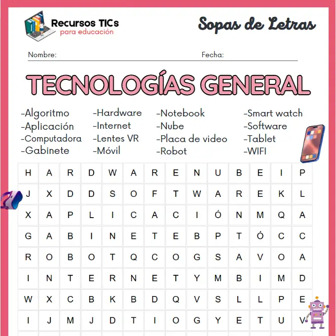 Sopa de letras para imprimir de tecnología