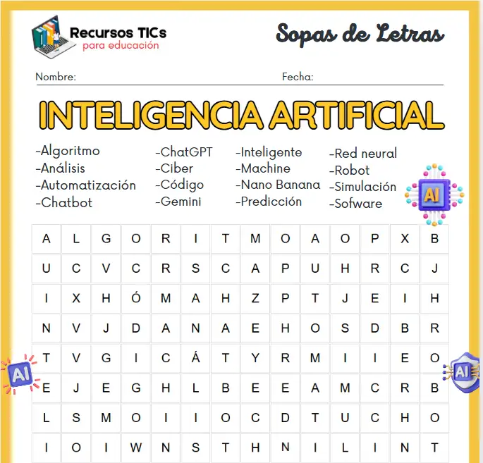 Sopa de letras para imprimir de Inteligencia Artificial